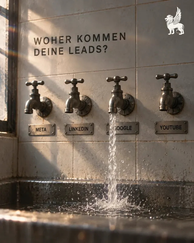 Vier Wasserhähne mit den Schildern Meta, LinkedIn, Google und YouTube, nur aus einem fließt Wasser. Darüber die Frage: Woher kommen deine Leads?